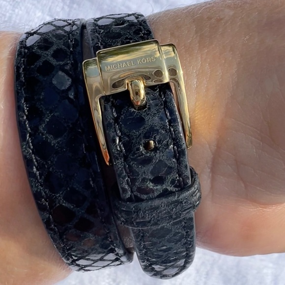 Michael Kors Gold Watch w/ Wrap Style Black Snakeskin Band - Picture 2 of 10